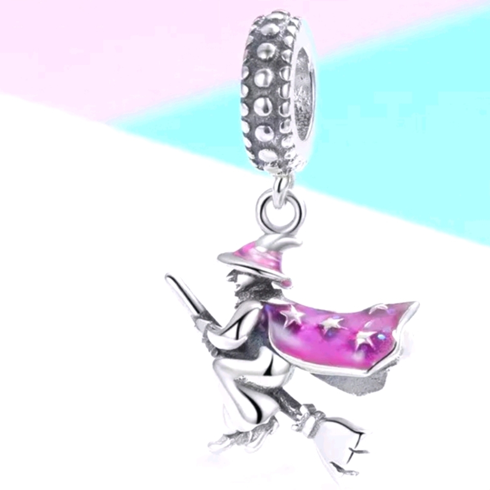 925 Sterling Silver Witch Broom Halloween Enamel